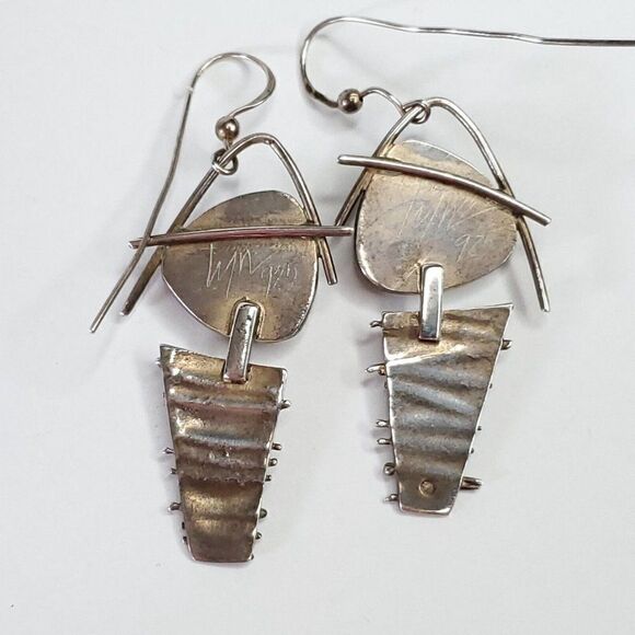 Artisan Sterling Silver Geometric Modernist Boho Earrings Green Brown Agate - Picture 4 of 5